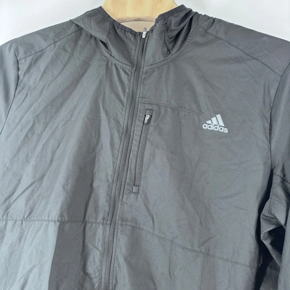 Adidas Windbreaker Mens 2XL Black Hooded Ripstop Full Zip Running Jacket 27x30